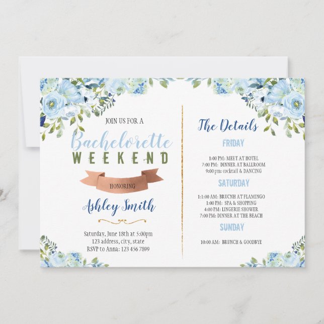 Something blue Bachelorette Itinerary invitation (Front)
