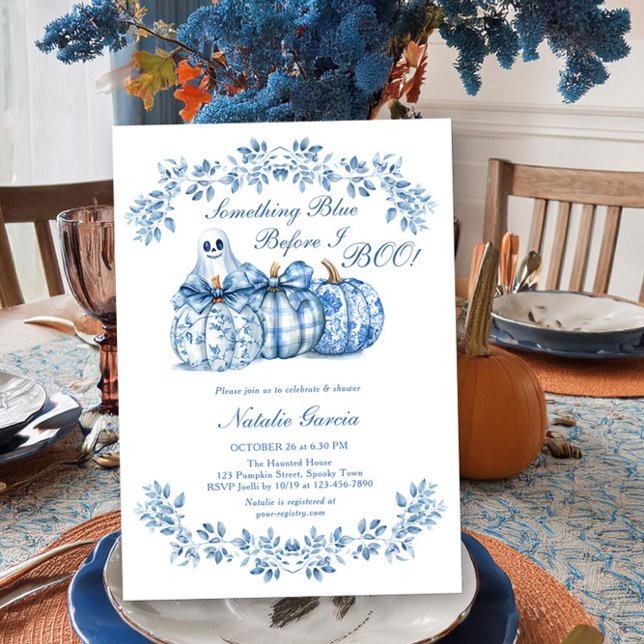 Something Blue before I Boo Pumpkin Bridal Shower Invitation (Something Blue before I Boo Chinoiserie Blue Bridal Shower Invitation for Halloween by Darling & May)