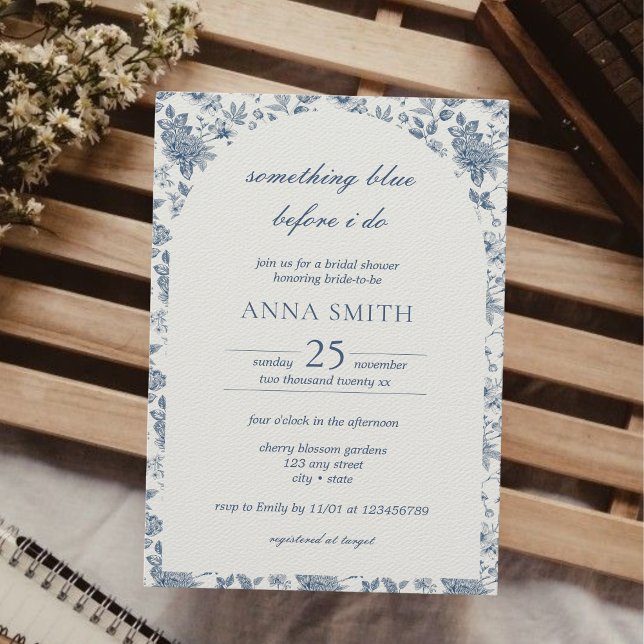 Something Blue Before I Do Floral Bridal Shower Invitation (something blue before i do chinoiserie arch vintage art bridal shower invitation elegant unique)