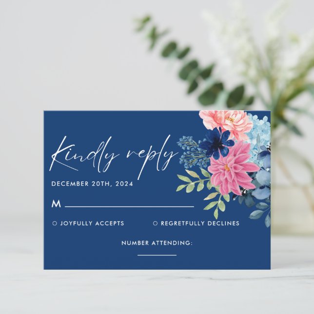 Something blue before i do floral Wedding RSVP Card (Standing Front)
