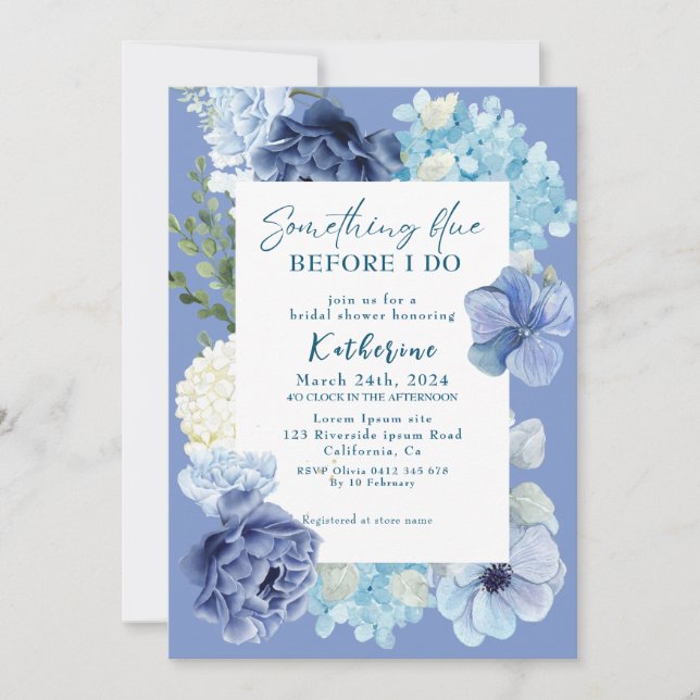 Something blue before i do hydrangea bridal shower invitation (Front)