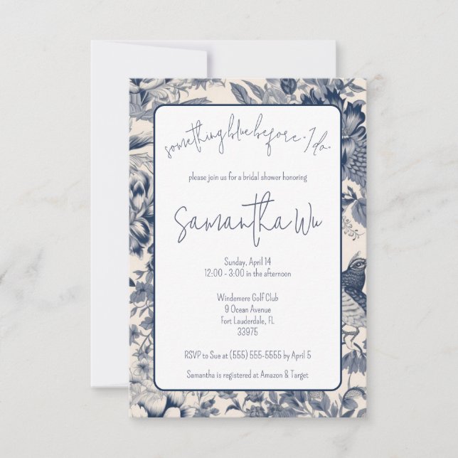 Something Blue before "I Do" Toile Bridal Shower Invitation (Front)