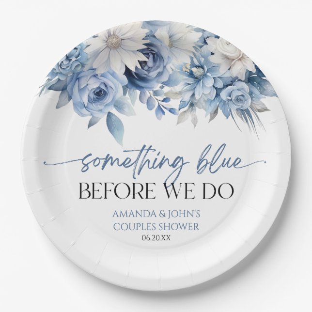 Something Blue Before We Do Floral Couples Shower Paper Plate (Front)