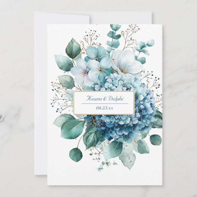 Something Blue Blooms Elegant Gold Wedding Invitation (Front)