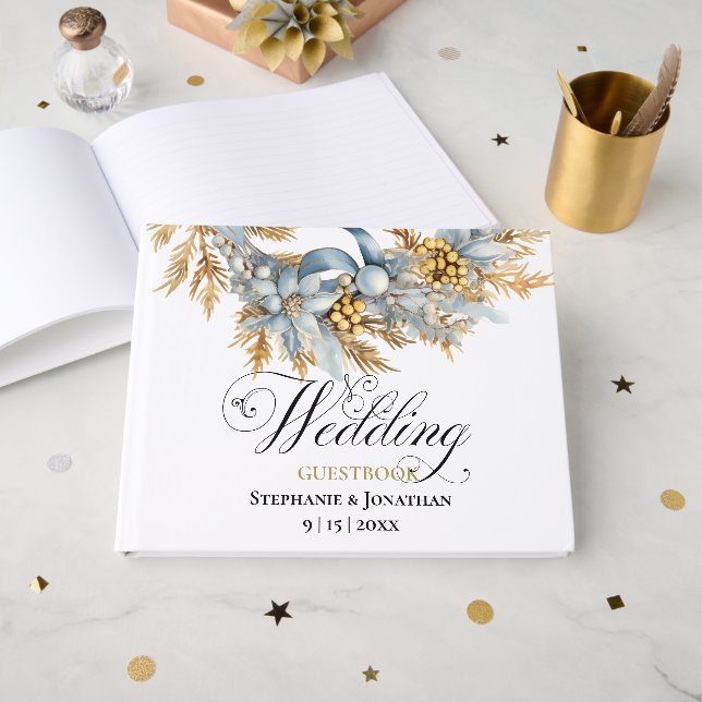 Something Blue, Blue & Gold Wedding Wreath Guest Book (Front Open)