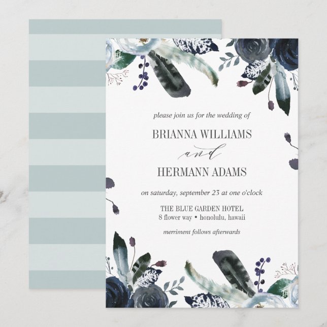 Something Blue | Boho Chic Botanical wedding Invitation (Front/Back)
