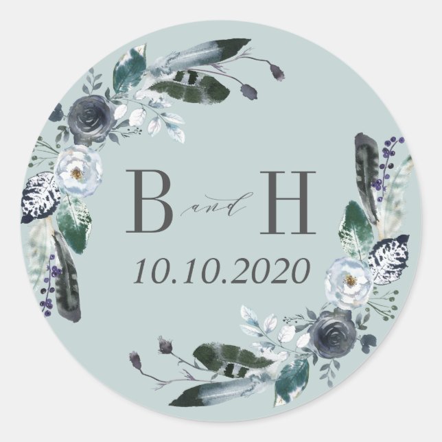 Something Blue | Boho Chic Monogram Wedding Classic Round Sticker (Front)