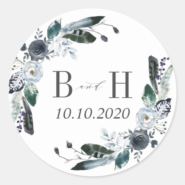 Something Blue | Boho Chic Monogram Wedding Classic Round Sticker (Front)