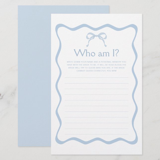 Something Blue Bow Bridal Shower Guess Who Game  (Front/Back)