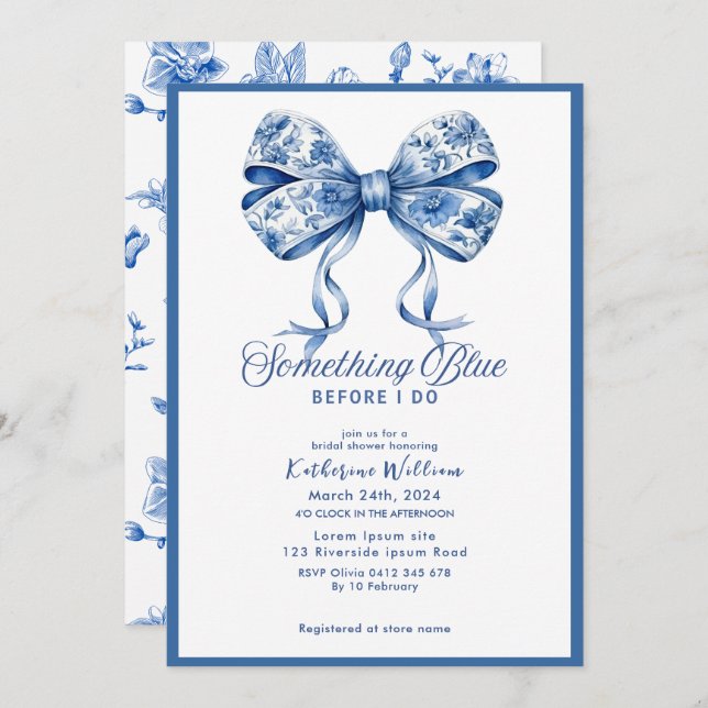 Something blue bow chinoiserie bridal shower invitation (Front/Back)