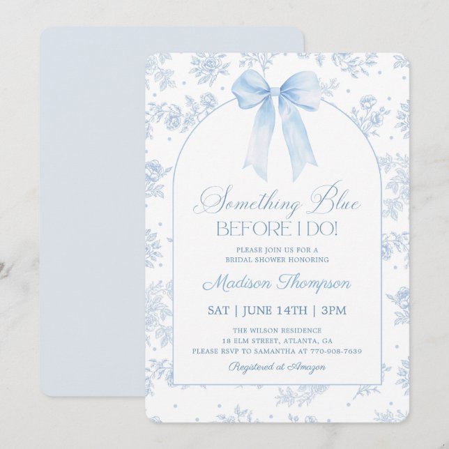 Something Blue Bow French Toile Bridal Shower Invitation (Front/Back)