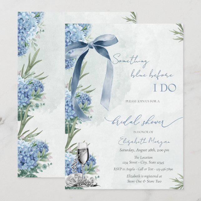  Something Blue Bow Glass Pearls Hydrangea Invitation (Front/Back)
