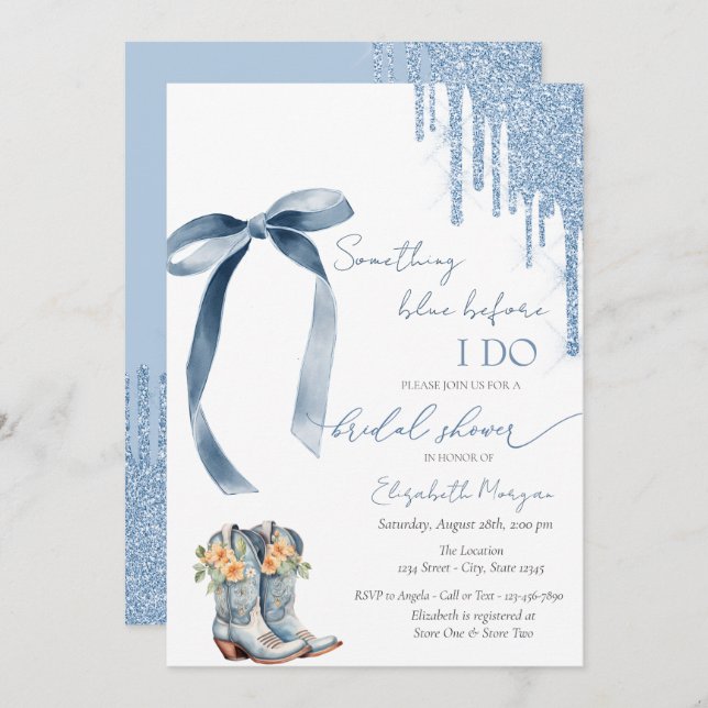 Something Blue Bow Glitter Drips Cowboy Boots Invitation (Front/Back)