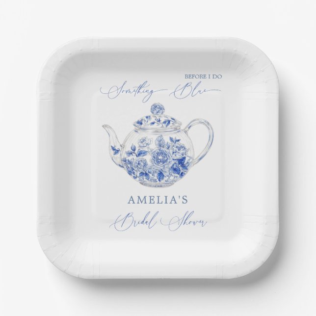 Something Blue Bridal Shower Toile Teapot Paper Plate (Front)