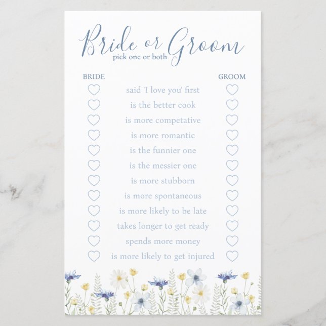 Something Blue Bride or Groom Game (Front)