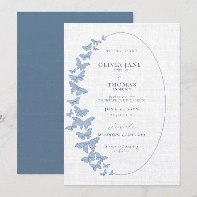 Something Blue Butterflies Frame Elegant Wedding Invitation (Front/Back)