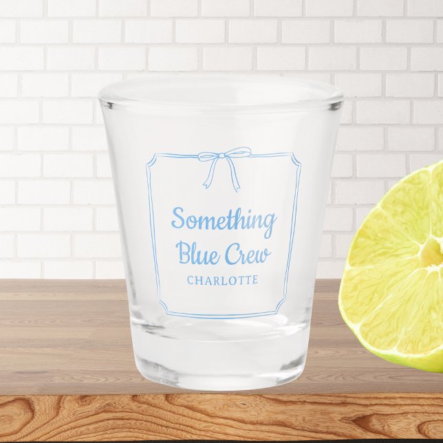 Something Blue Crew Chic Aesthetic Bow Custom Name Shot Glass (Custom 'Something Blue Crew' Shot Glass - Perfect for Bachelorette Parties and Bridal Showers!)