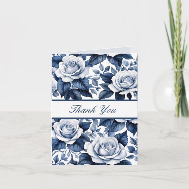 Something Blue Elegant Blue Roses Bridal Shower Thank You Card (Front)