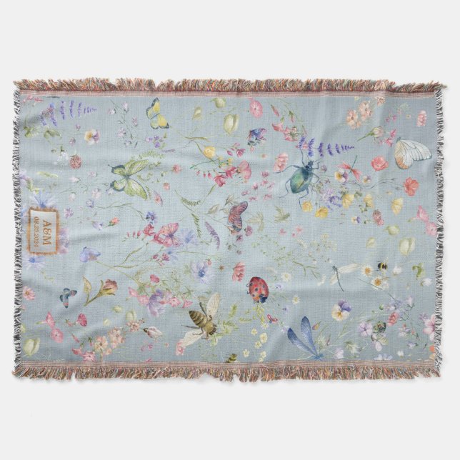 Something Blue Elegant Wildflower Wedding Keepsake Throw Blanket (Front)