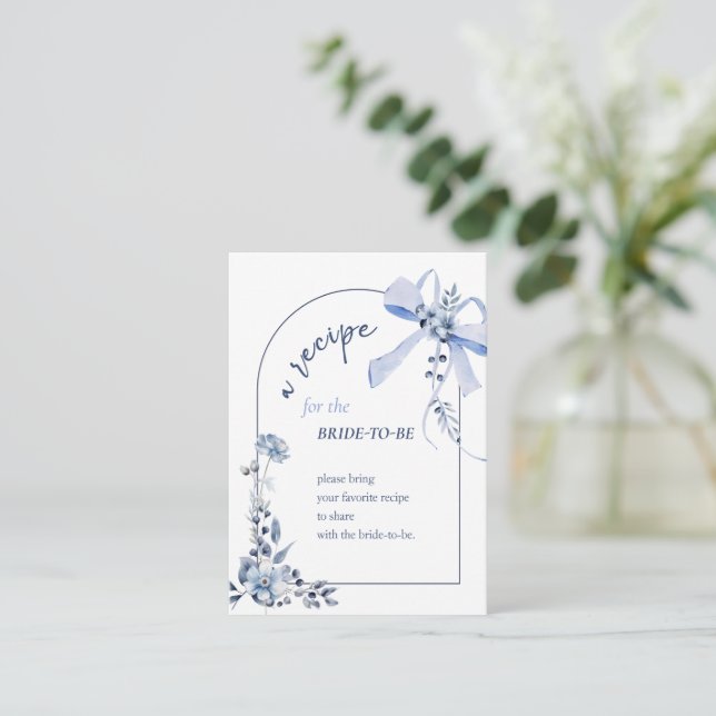 Something Blue Floral Bow Bridal Recipe Card (Standing Front)