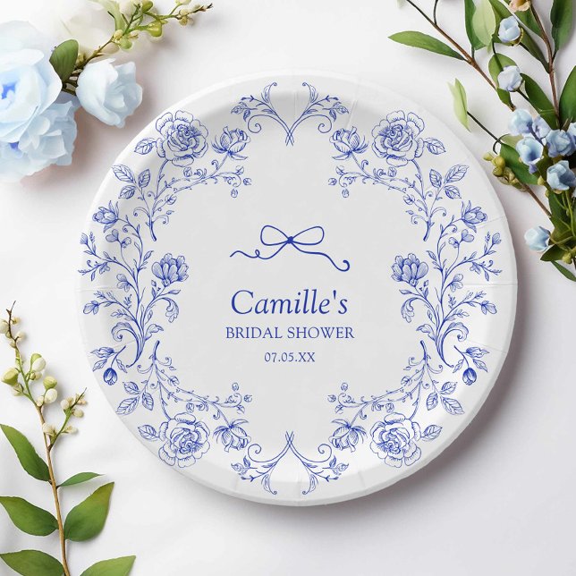 Something Blue Floral Bridal Shower Paper Plate (Something Blue Bow Bridal Shower Paper Plates)