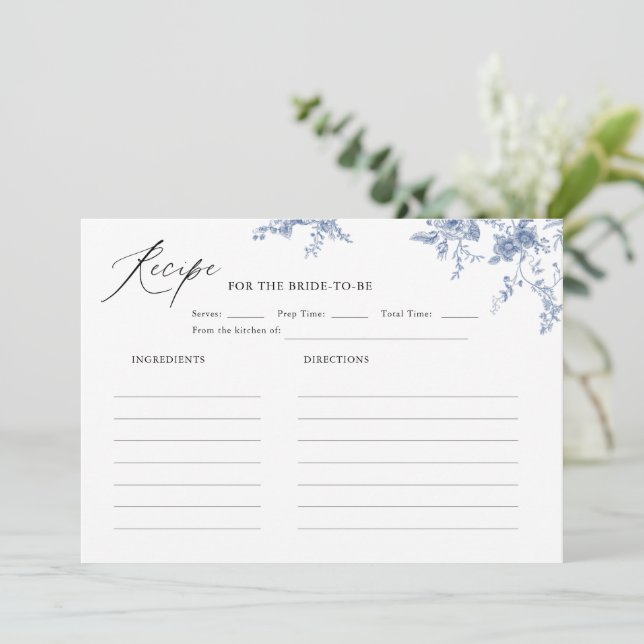 Something Blue Floral Bridal Shower Recipe Invitation (Standing Front)