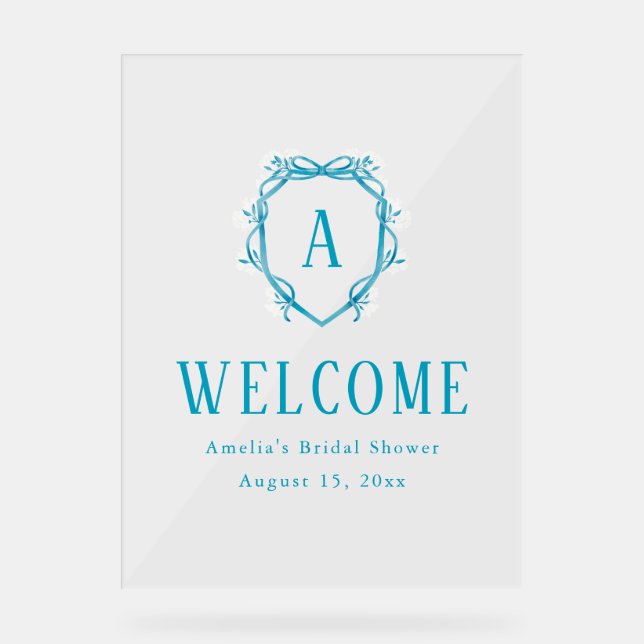 Something Blue Floral Crest Bridal Shower Acrylic Sign (Front)