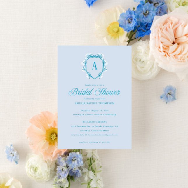 Something Blue Floral Crest Monogram Bridal Shower Invitation (Creator Uploaded)