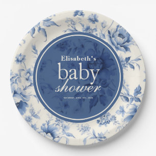 Something Blue Floral French Toile Baby Shower Paper Plate