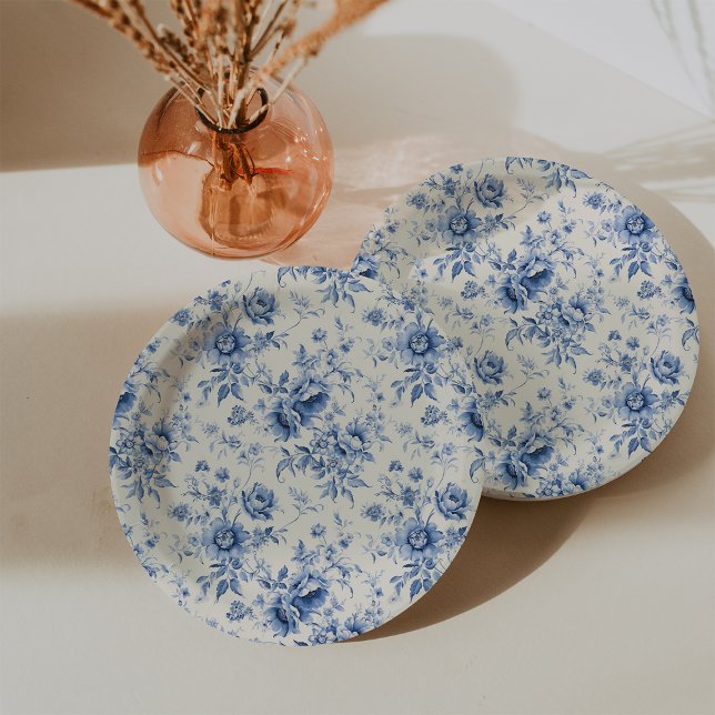 Something Blue Floral French Toile Chinoiserie Paper Plate (Something Blue Floral French Toile Chinoiserie Paper Plates)