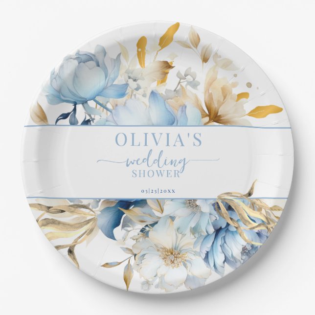 Something Blue Floral Gold Wedding Shower Paper Plate (Front)