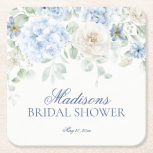 Something Blue Floral Hydrangea Bridal Shower Square Paper Coaster