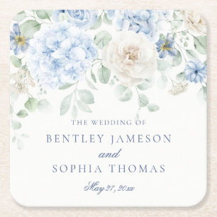 Something Blue Floral Hydrangea Decor Wedding Square Paper Coaster