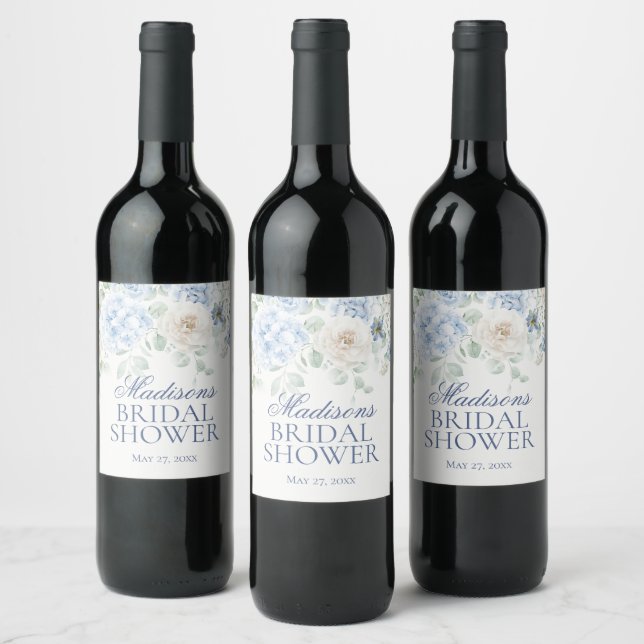 Something Blue Floral Hydrangeas Bridal Shower Wine Label (Bottles)