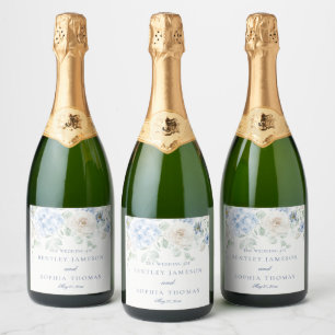 Something Blue Floral Hydrangeas Wedding Sparkling Wine Label