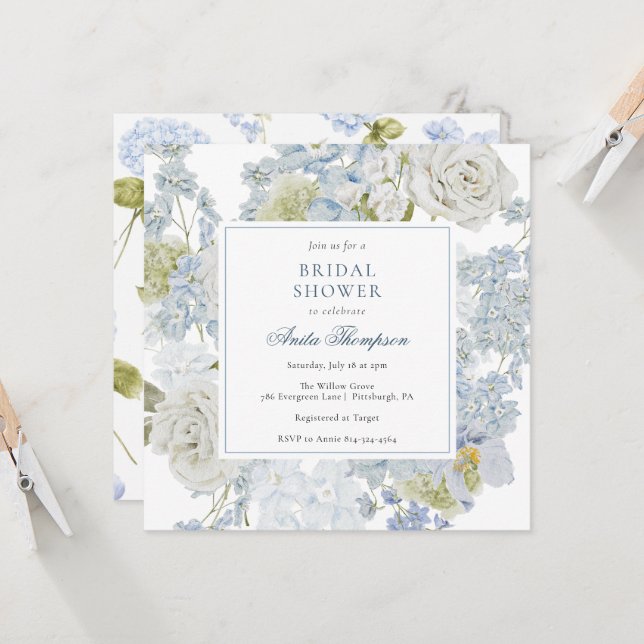 Something Blue Floral Ribbon Bridal Shower Invitation (Front/Back In Situ)