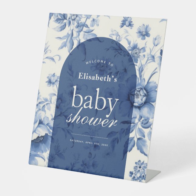 Something Blue Floral Toile Baby Shower Welcome Pedestal Sign (Front)