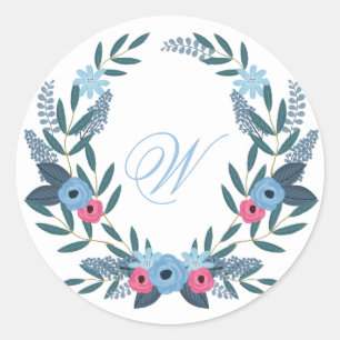 Something Blue Floral Wreath with Monogram Classic Round Sticker