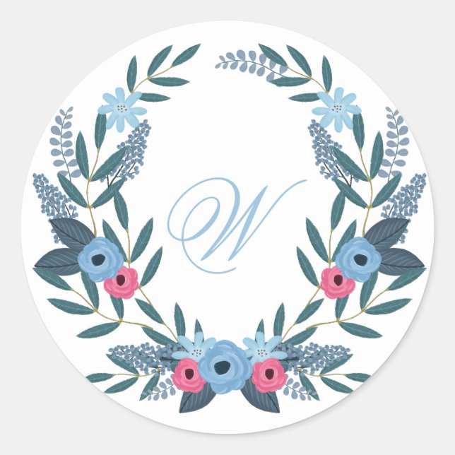 Something Blue Floral Wreath with Monogram Classic Round Sticker (Front)