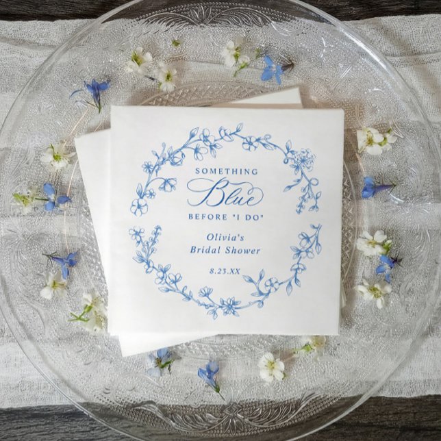 Something Blue French Toile Wreath Bridal Shower Napkin (Blue and white wildflower bridal shower napkins with French vintage toile design)