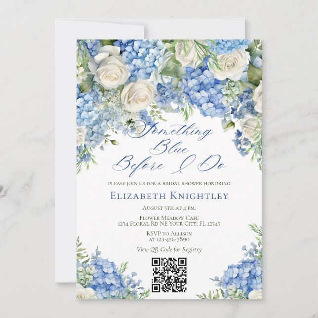 Something Blue Hydrangea Bridal Shower QR Code Invitation (Front)