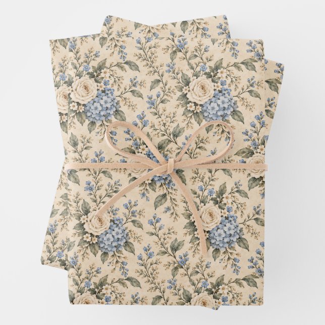 Something Blue Hydrangea & Rose Wrapping Paper (In situ)