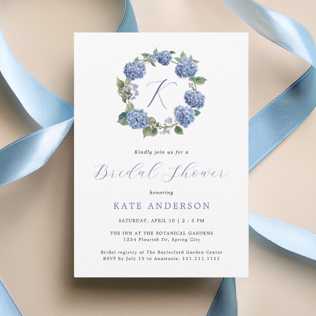 Something Blue Hydrangeas Monogram Bridal Shower Invitation (Creator Uploaded)