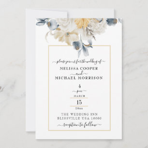 SOMETHING BLUE, MUTED FLORAL ON WHITE WEDDING INVITATION