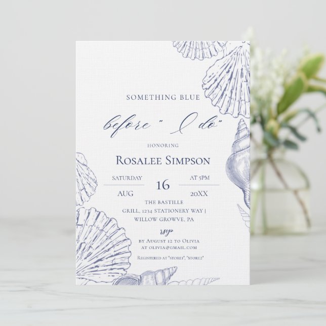 Something Blue Shells Beach Elegant Bridal Shower Invitation (Standing Front)