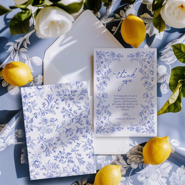 Something Blue Toile Bridal Shower Thank You Card  (Something Blue Floral Bridal Shower Thank You Card)
