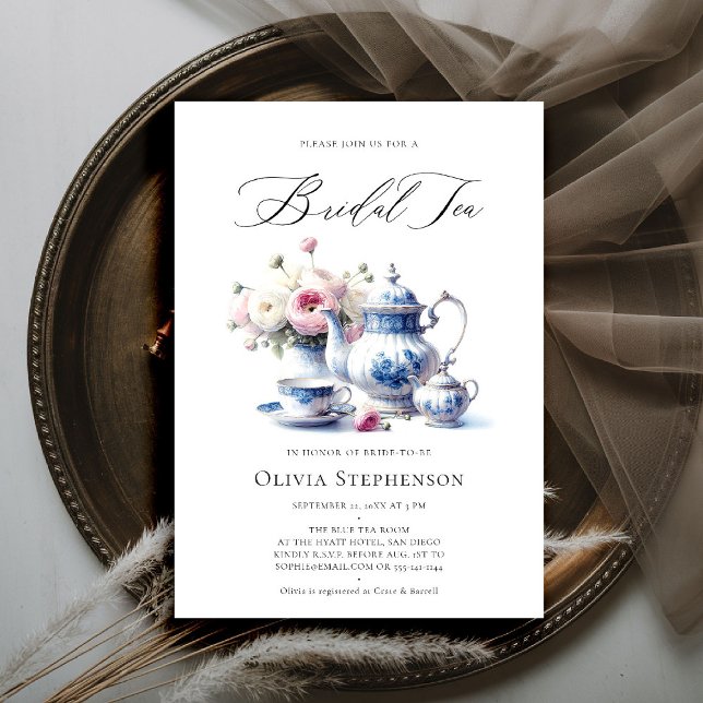 Something Blue Toile Floral Chic Bridal Tea Shower Invitation (bridal tea invitation toile chinoiserie blue hamptons roses floral flower elegant modern classic)