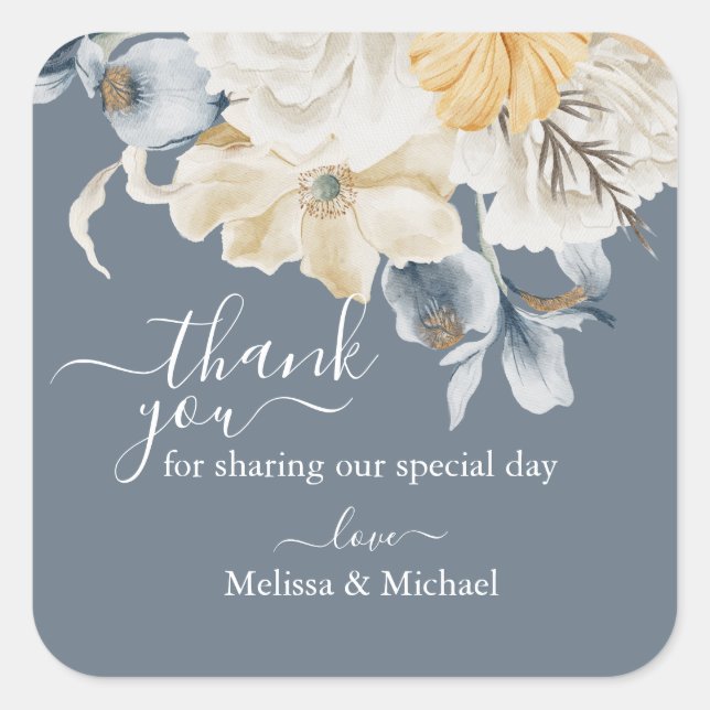 SOMETHING BLUE Wedding Thank you on Blue Square Sticker (Front)