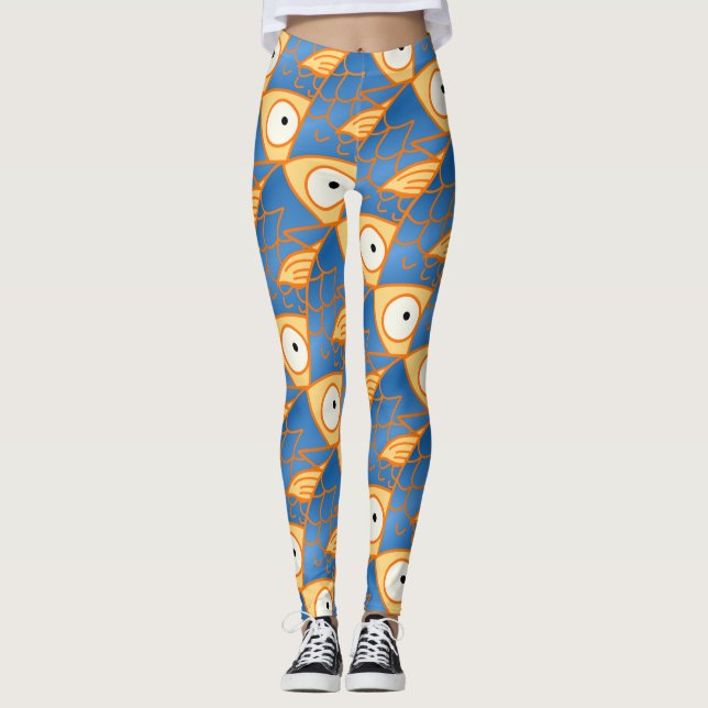 Something fishy! cute artsy blue/gold fish leggings (Front)