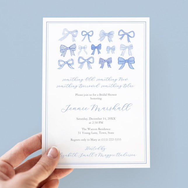 Something Old New Borrowed Blue Bows Bridal Shower Invitation (Something Old, Something New, Something Borrowed, Something Blue! Modern Classic Bridal Shower cards)